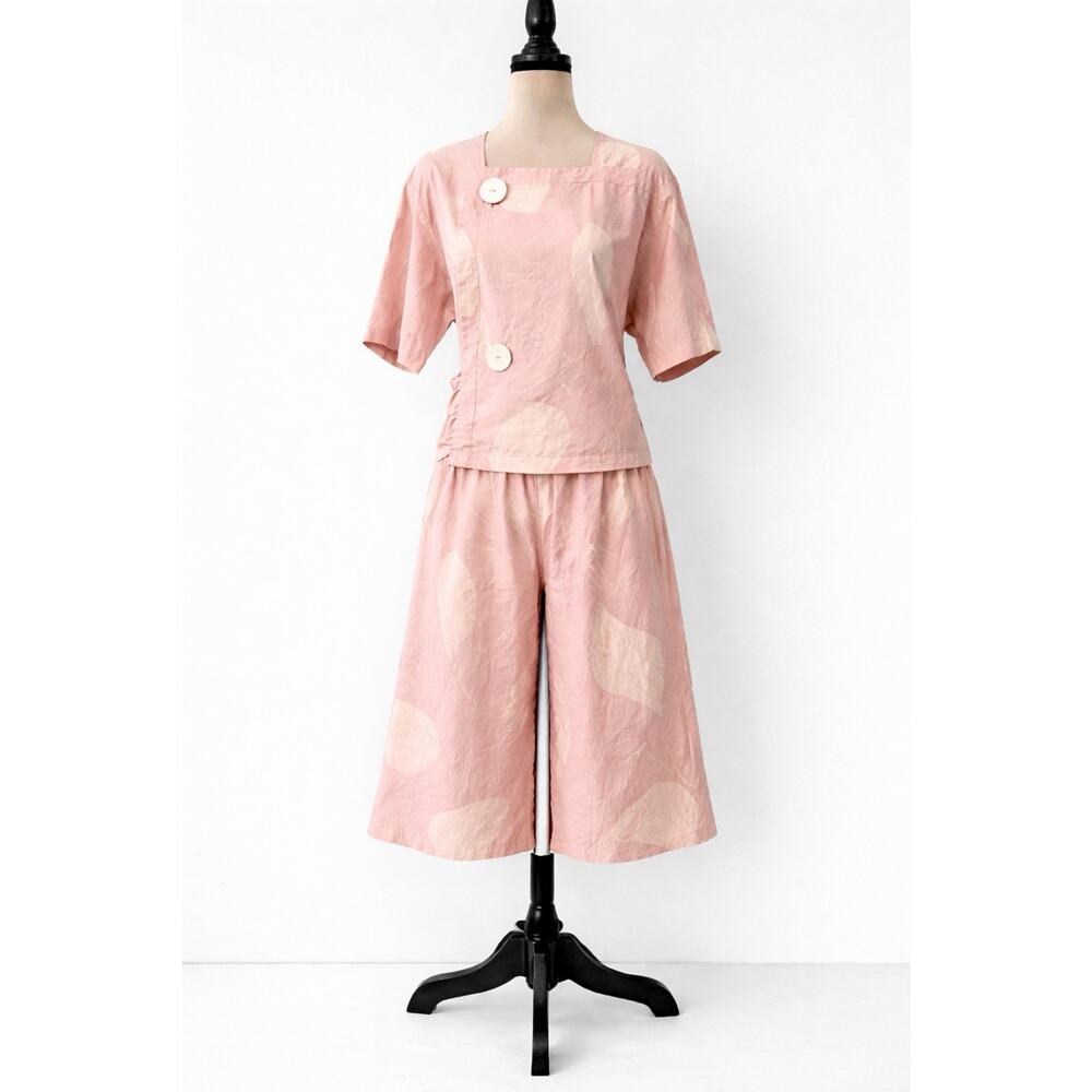 Vintage 80s 2pc Culottes Pant Set European‎ Small Pink Retro Resort Wear palazzo